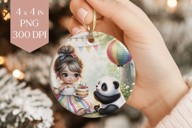 Birthday Party Girl and Panda Ornament PNG Sublimation BijouBay 
