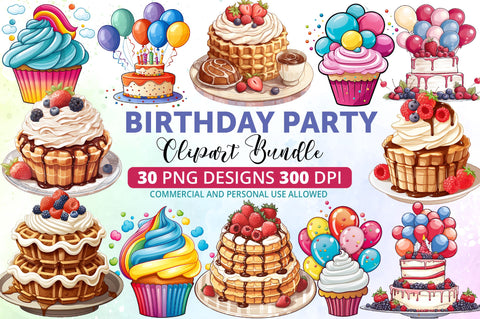 Birthday Party Watercolor Clipart Bundle Sublimation Regulrcrative 