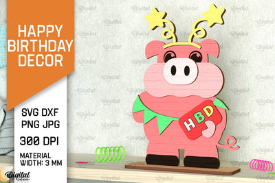Birthday Pig SVG Design. Happy Birthday Decor Laser Cut SVG Evgenyia Guschina 