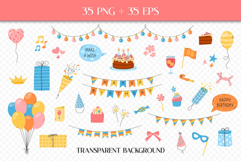 Birthday PNG Clip Art | Cute Clipart Bundle of Elements | Happy BDay Colorful Vector Illustrations | Birthday Cake, Balloons, Gift Boxes EPS Sublimation AnnaViolet_store 