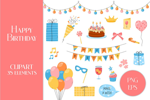Birthday PNG Clip Art | Cute Clipart Bundle of Elements | Happy BDay Colorful Vector Illustrations | Birthday Cake, Balloons, Gift Boxes EPS Sublimation AnnaViolet_store 
