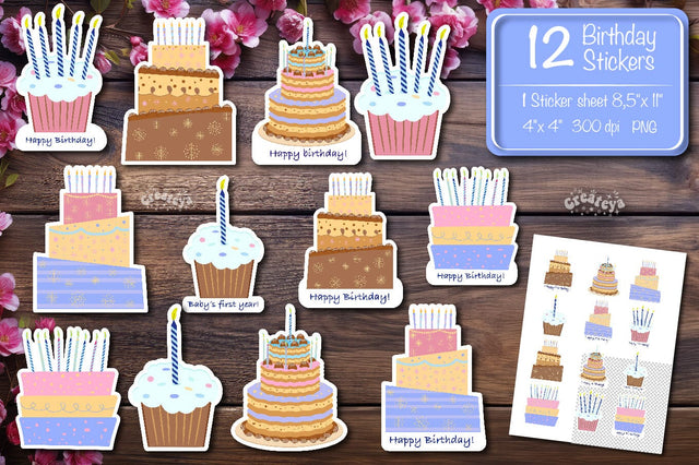 Birthday Stickers png Printable Stickers First birthday cake sticker sheets Sublimation Createya Design 