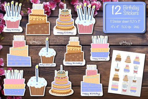 Birthday Stickers png Printable Stickers First birthday cake sticker sheets Sublimation Createya Design 