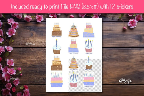 Birthday Stickers png Printable Stickers First birthday cake sticker sheets Sublimation Createya Design 