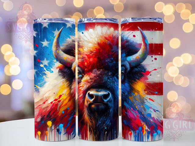 Bison American Flag 20oz Patriotic Tumbler, Patriotic Bison Tumbler, 20oz Sublimation Wrap, Colorful Wildlife Tumbler, USA Pride Tumbler, Western Buffalo Tumbler Sublimation SvggirlplusArt 