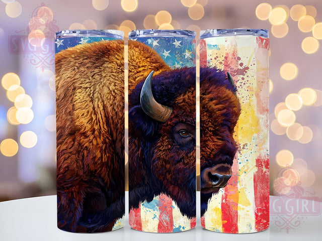 Bison American Flag 20oz Patriotic Tumbler, Patriotic Bison Tumbler, 20oz Sublimation Wrap, Colorful Wildlife Tumbler, USA Pride Tumbler, Western Buffalo Tumbler Sublimation SvggirlplusArt 