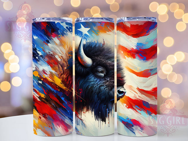 Bison American Flag 20oz Patriotic Tumbler, Patriotic Bison Tumbler, 20oz Sublimation Wrap, Colorful Wildlife Tumbler, USA Pride Tumbler, Western Buffalo Tumbler Sublimation SvggirlplusArt 