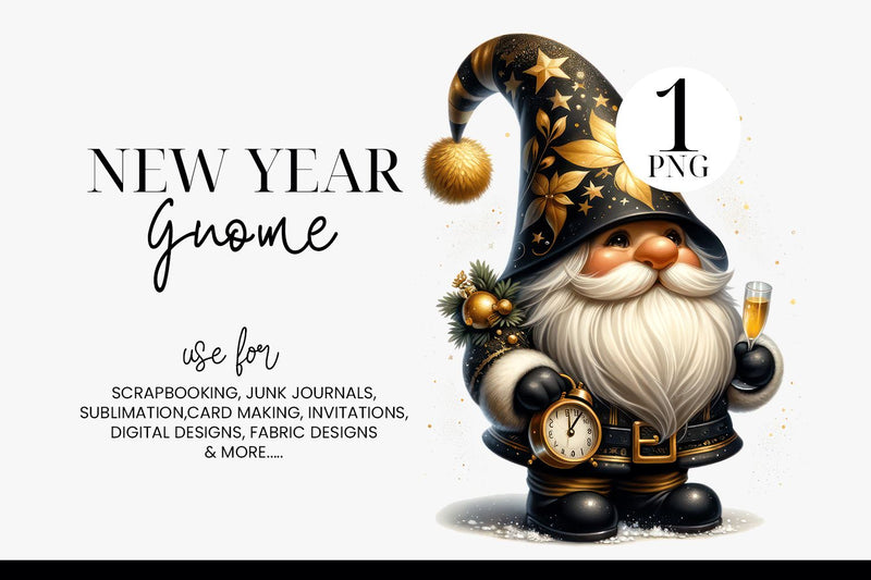 Black And Gold New Year Gnome Clipart PNG Sublimation BijouBay 