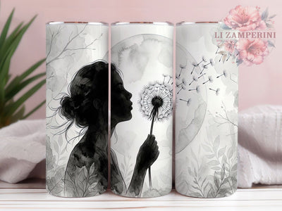 Black And White Dandelion Woman 20oz Tumbler, Black And White Dandelion Woman, 20oz Tumbler Wrap, Sublimation Design, Cute Dandelion PNG, Black White Tumbler Wrap, Woman Tumbler Design, Digital Download Sublimation Li Zamperini 