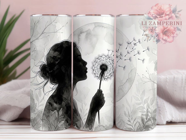Black And White Dandelion Woman 20oz Tumbler, Black And White Dandelion Woman, 20oz Tumbler Wrap, Sublimation Design, Cute Dandelion PNG, Black White Tumbler Wrap, Woman Tumbler Design, Digital Download Sublimation Li Zamperini 