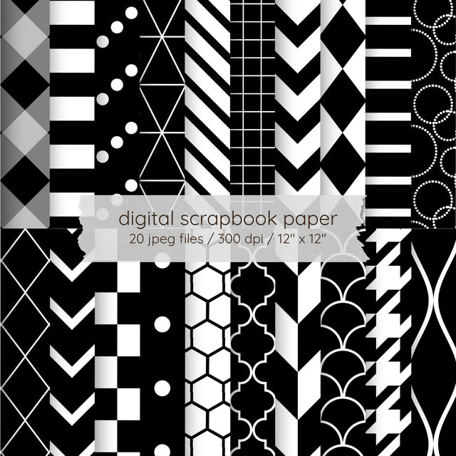 Black and White Digital Paper Pack | Geometric Scrapbook Paper | 20 Printable Backgrounds | Commercial Use Digital Pattern LKM DigiDesigns 