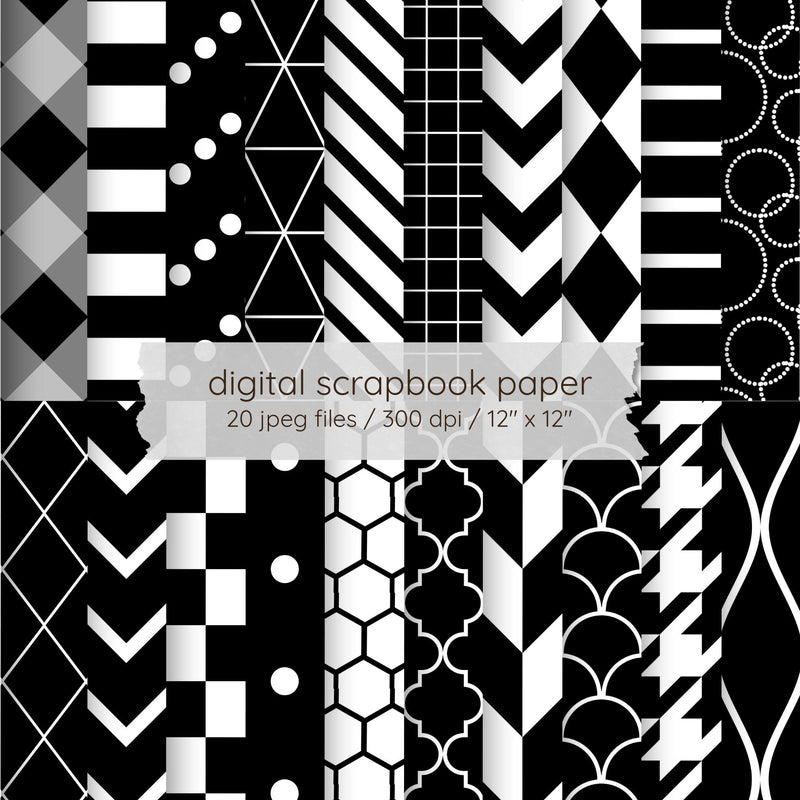 Black and White Digital Paper Pack | Geometric Scrapbook Paper | 20 Printable Backgrounds | Commercial Use Digital Pattern LKM DigiDesigns 