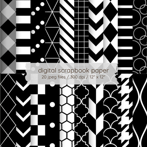 Black and White Digital Paper Pack | Geometric Scrapbook Paper | 20 Printable Backgrounds | Commercial Use Digital Pattern LKM DigiDesigns 