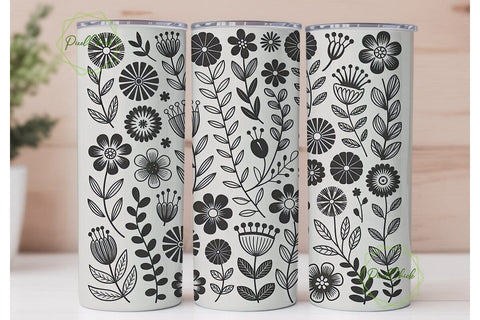 Black and White Floral 20oz Tumbler Wrap Sublimation PixelChick 