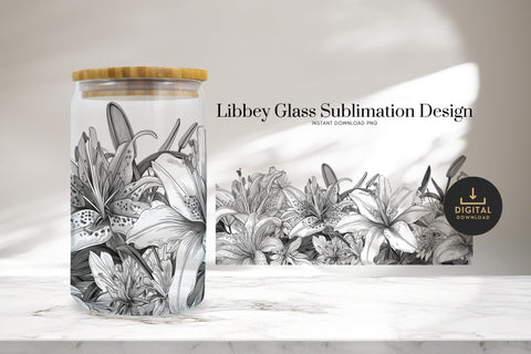 Black and White Floral Libbey Glass Can Sublimation Design Sublimation BijouBay 