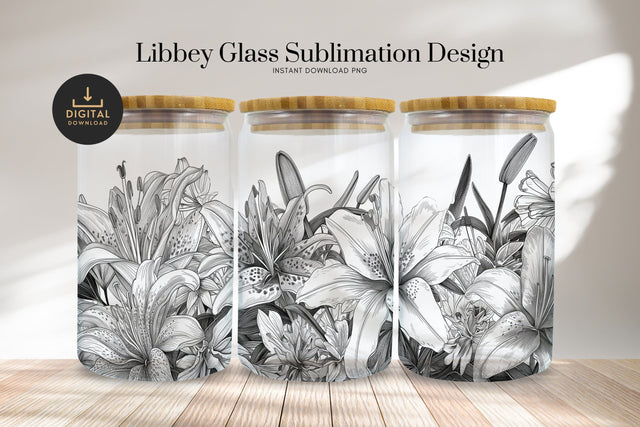 Black and White Floral Libbey Glass Can Sublimation Design Sublimation BijouBay 