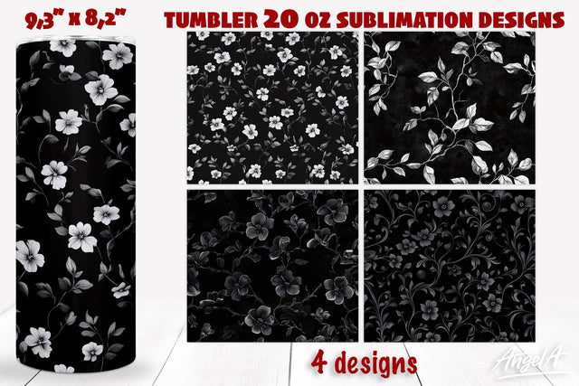 Black and white flowers tumbler wrap sublimation Dark Noir Sublimation Angelina Semenova 