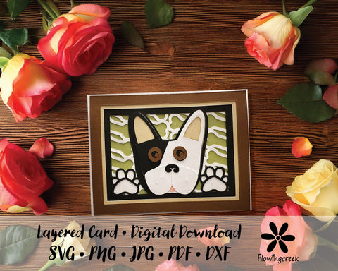 Black and White French Bulldog 3D Layered Greeting Card SVG Cut File for All Occasions, Birthday, Thank You 3D Paper Flowingcreek 