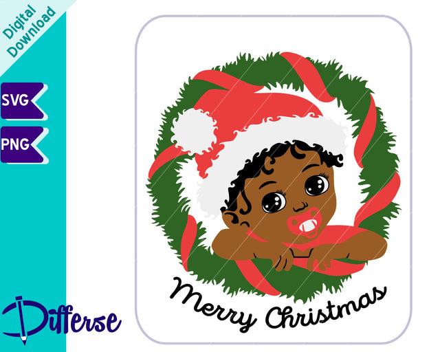 Black Baby Girl in Christmas Wreath | Babies First Christmas SVG SVG Differse 