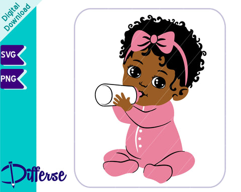 Black Baby Girl With Bottle SVG | Afro Baby Drinking SVG SVG Differse 