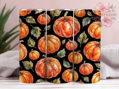 Black Background Pumpkin Watercolor 20oz Tumbler, Black Background Design, Pumpkin Motif, Watercolor Theme, Autumn Accent, Rustic Charm, Sublimation Wrap, 20oz Tumbler Sublimation Li Zamperini 