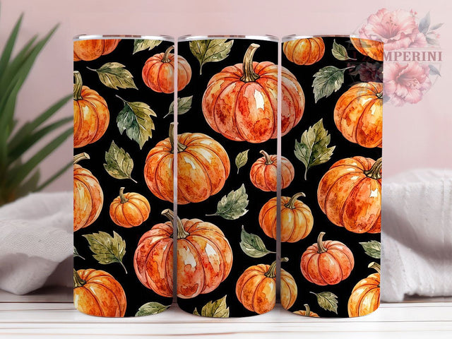 Black Background Pumpkin Watercolor 20oz Tumbler, Black Background Design, Pumpkin Motif, Watercolor Theme, Autumn Accent, Rustic Charm, Sublimation Wrap, 20oz Tumbler Sublimation Li Zamperini 