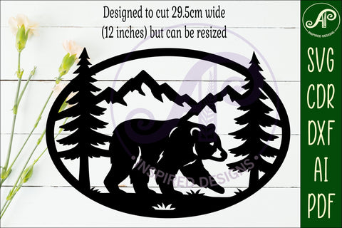 Black Bear mountain scene Oval wall sign laser cut file SVG APInspireddesigns 