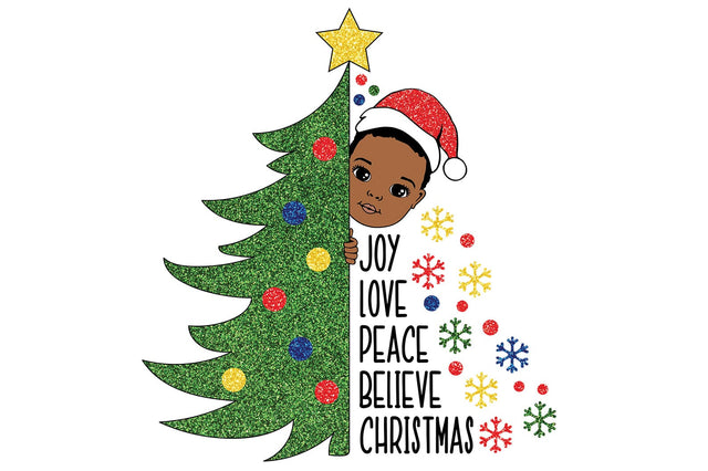 Black Boy Christmas Tree SVG Joy Love Peace Believe Glitter Holiday Art Cute Santa Hat Baby Xmas Clipart Cricut Sublimation File SVG 1uniqueminute 