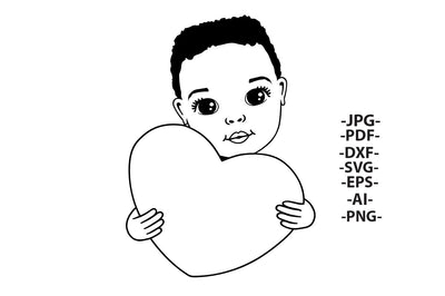 Black Boy Holding Heart Outline Clipart SVG PNG JPG PDF AI DXF EPS | African American Coloring Page Line Art for Cricut Sublimation Crafts SVG 1uniqueminute 