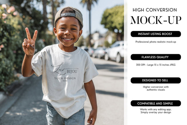 Black Boy T-Shirt Mockup Blank Cream Tee Outdoor Photo Mock Up Photo BijouBay 