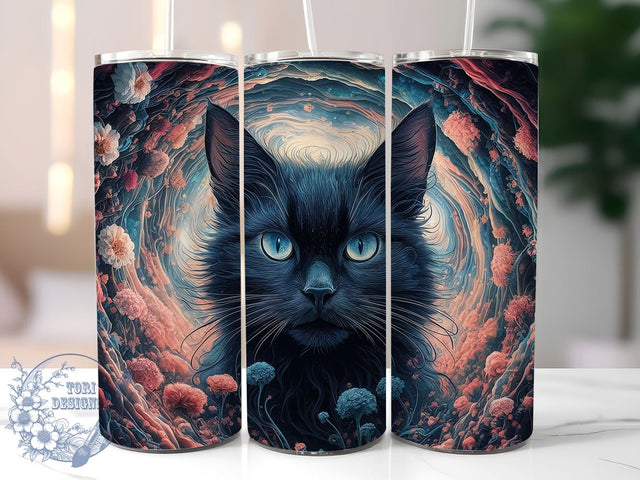 Black Cat 20oz Skinny Tumbler, Colorful Floral Kitty Tumbler Png, Straight & Tapered Tumbler Wrap, Instant Digital Download Sublimation ToriDesigns 