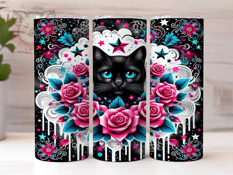 Black Cat 20oz Tumbler Png, Straight & Tapered Tumbler Png, Floral Cat Tumbler Png, Digital Download PNG Sublimation Lara' s Designs 