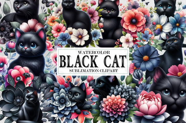Black Cat and Flowers Watercolor Clipart Sublimation SVGista 