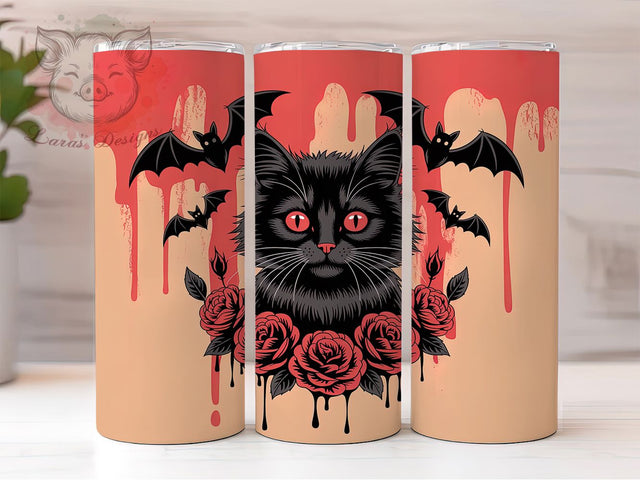 Black Cat Bats Halloween Tumbler, Halloween Bats Wrap, 20Oz Sublimation Design, Spooky Cat Drinkware, Witchy Halloween Cup, Autumn Cat Lover Gift, Haunted Night Tumbler Sublimation Lara' s Designs 