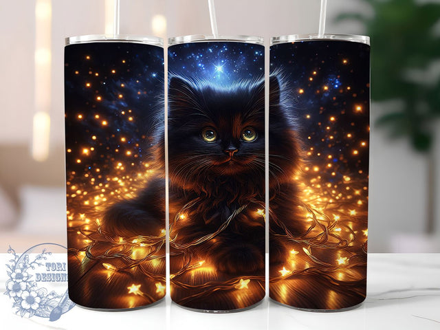 Black Cat Christmas Lights Tumbler, Holiday Cat Design, Festive Cat Art, Christmas Lights Graphic, Cute Cat Gift, 20oz Tumbler, Sublimation Design Sublimation ToriDesigns 