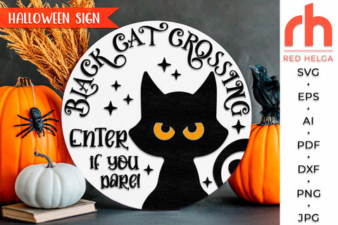 Black Cat Crossing SVG, Round Halloween Door Sign Cut File SVG RedHelgaArt 