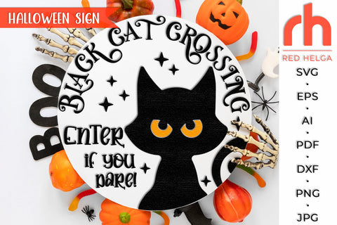 Black Cat Crossing SVG, Round Halloween Door Sign Cut File SVG RedHelgaArt 