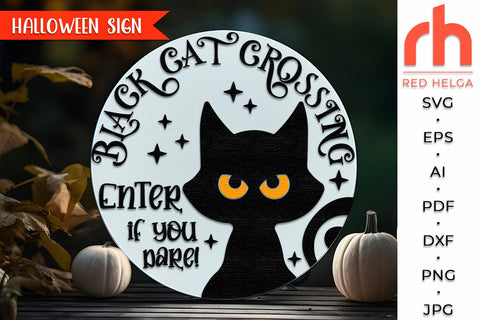 Black Cat Crossing SVG, Round Halloween Door Sign Cut File SVG RedHelgaArt 