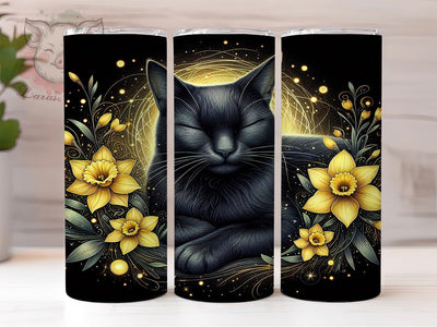 Black Cat Daffodil Tumbler, Daffodils Theme, Floral Motif, Whimsical Art, Mystical Design, 20Oz Tumbler, Sublimation Wrap Sublimation Lara' s Designs 