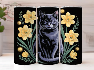 Black Cat Daffodil Tumbler, Daffodils Theme, Floral Motif, Whimsical Art, Mystical Design, 20Oz Tumbler, Sublimation Wrap Sublimation Lara' s Designs 
