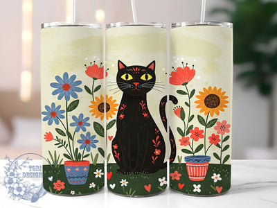 Black Cat Floral Boho Tumbler, Floral Cat Wrap, 20oz Sublimation Wrap, Cute Kitty Cup, Colorful Flowers Design, Whimsical Cat Art, Boho Feline Tumbler Sublimation ToriDesigns 