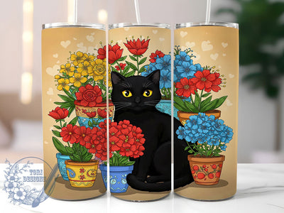 Black Cat Floral Boho Tumbler, Floral Cat Wrap, 20oz Sublimation Wrap, Cute Kitty Cup, Colorful Flowers Design, Whimsical Cat Art, Boho Feline Tumbler Sublimation ToriDesigns 