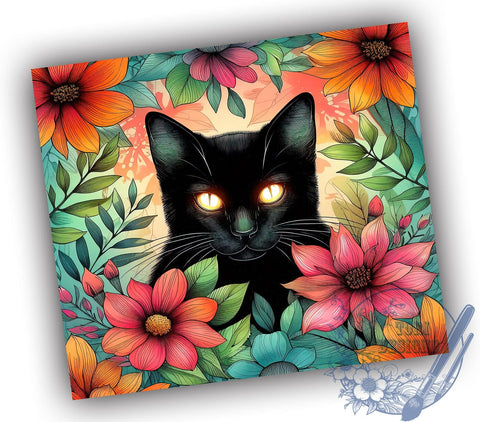 Black Cat Flower 20oz Skinny Tumbler, Vintage Black Cat Tumbler Png, Straight & Tapered Tumbler Wrap, Instant Digital Download Sublimation ToriDesigns 