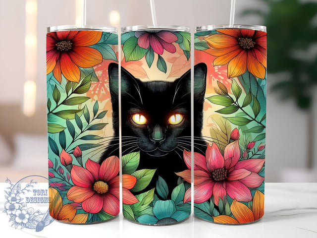 Black Cat Flower 20oz Skinny Tumbler, Vintage Black Cat Tumbler Png, Straight & Tapered Tumbler Wrap, Instant Digital Download Sublimation ToriDesigns 