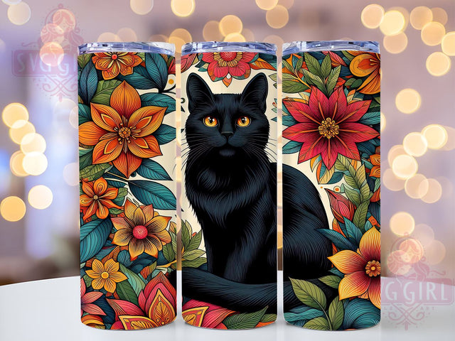 Black Cat Flower 20oz Tumbler Wrap Sublimation Design, Straight Tapered Tumbler Wrap, Vintage Black Cat Tumbler Png, Instant Digital Download Sublimation SvggirlplusArt 