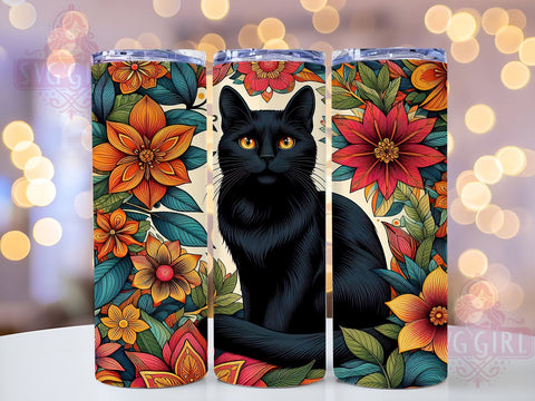 Black Cat Flower 20oz Tumbler Wrap Sublimation Design, Straight Tapered Tumbler Wrap, Vintage Black Cat Tumbler Png, Instant Digital Download Sublimation SvggirlplusArt 