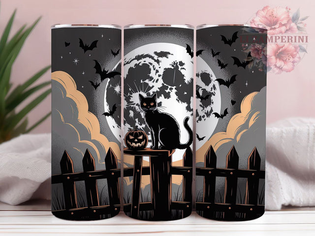 Black Cat Full Moon Halloween Tumbler, Full Moon Bat Cup, Spooky Cat Wrap, 20Oz Sublimation Design, Autumn Cat Mug, Halloween Night Drinkware, Gothic Cat Tumbler Sublimation Li Zamperini 