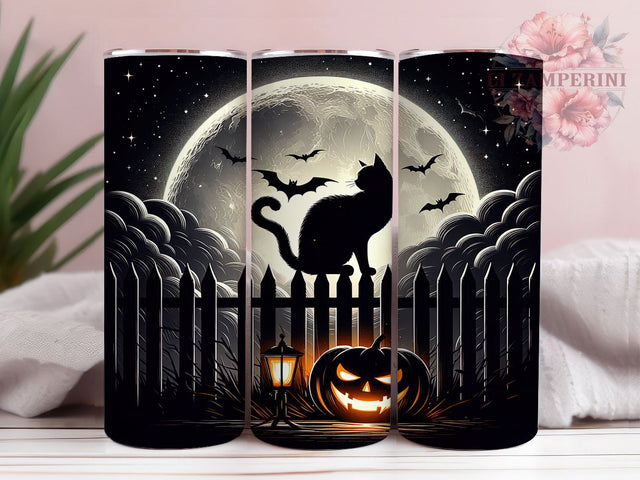 Black Cat Full Moon Halloween Tumbler, Full Moon Bat Cup, Spooky Cat Wrap, 20Oz Sublimation Design, Autumn Cat Mug, Halloween Night Drinkware, Gothic Cat Tumbler Sublimation Li Zamperini 