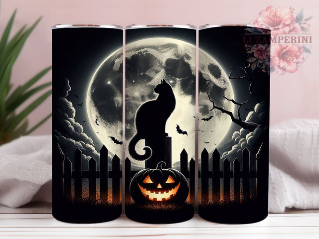 Black Cat Full Moon Halloween Tumbler, Full Moon Bat Cup, Spooky Cat Wrap, 20Oz Sublimation Design, Autumn Cat Mug, Halloween Night Drinkware, Gothic Cat Tumbler Sublimation Li Zamperini 