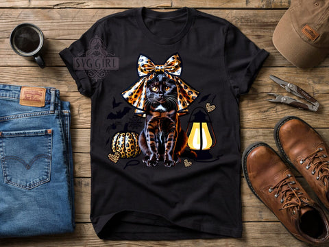 Black Cat Ghost Halloween T-Shirt PNG, Black Cat, Ghost Style, Spooky Vibes, Halloween Fashion, Sublimation PNG, Statement Shirt, Festive Apparel Sublimation SvggirlplusArt 